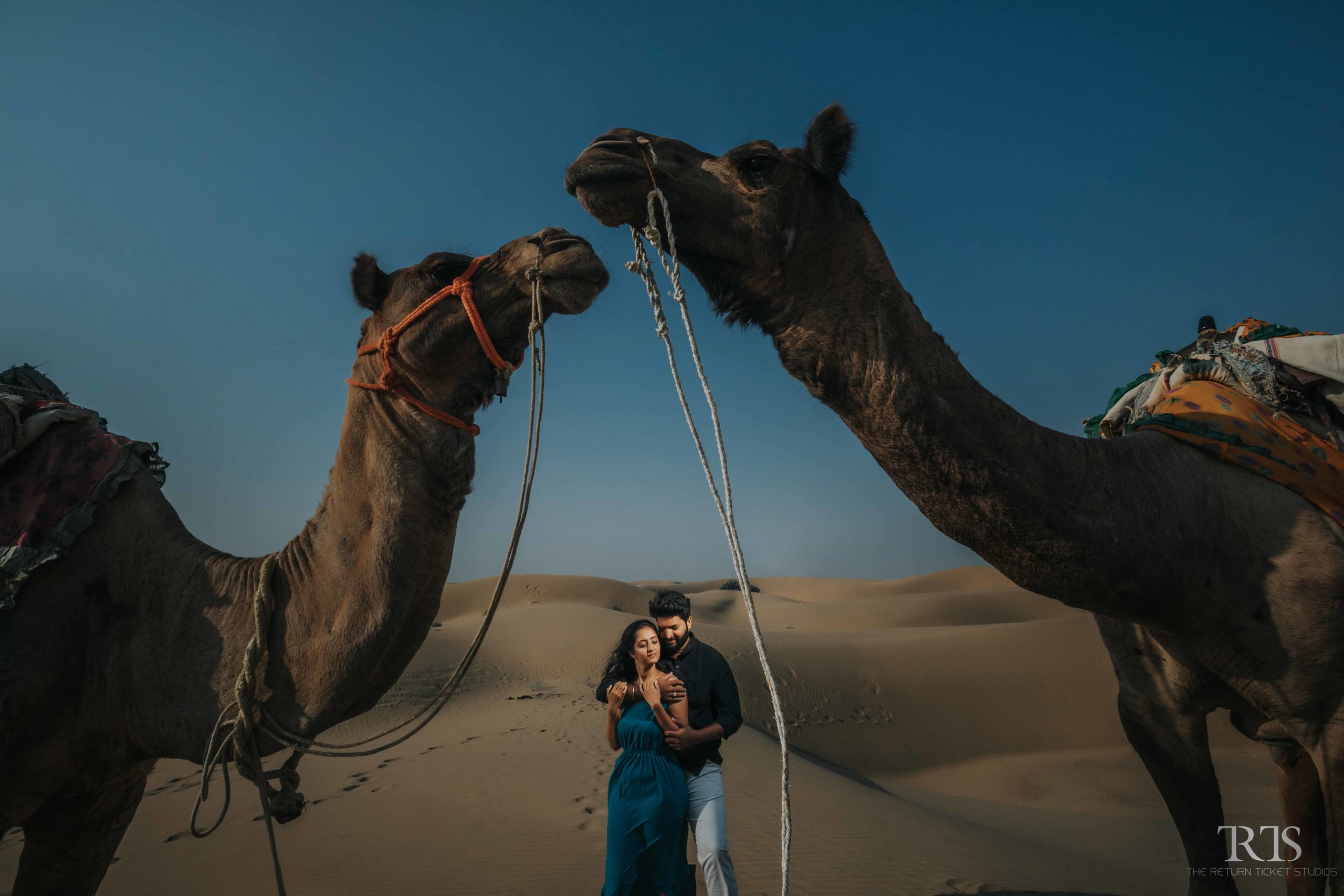 couple photo in the desert with couple and camels Beautiful candid photography of pre wedding and wedding by The Return Ticket Studios 